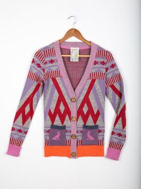 SHiliconfETTi° Quirky Graphic Knit Cardigan Cute Pink Bunny Pockets Size XS
